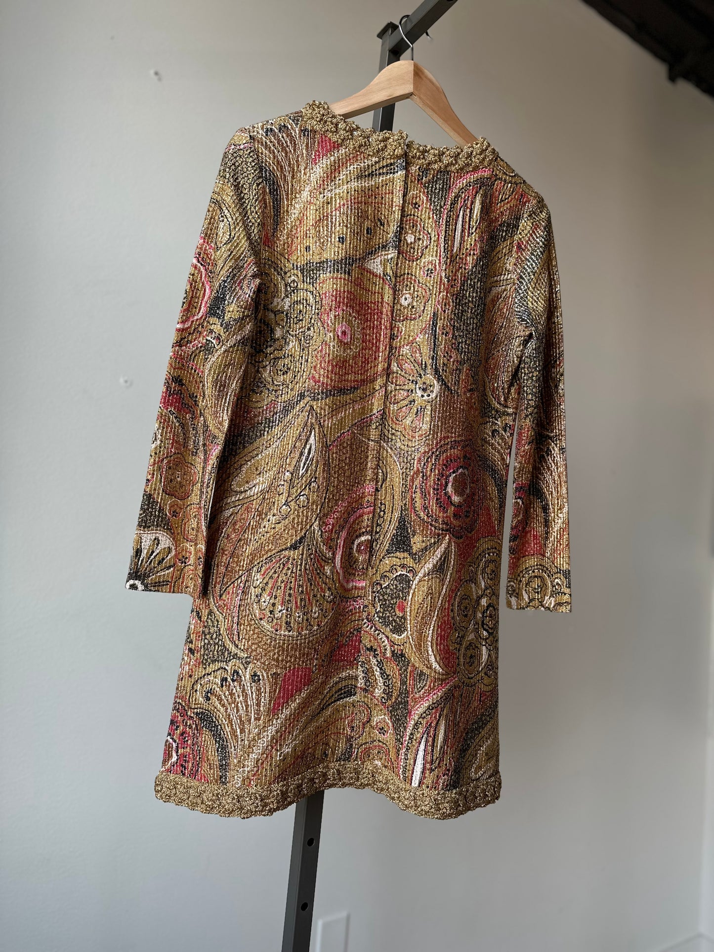 Designer Nelly de Grab Gold Metallic Paisley Tunic Top Pantsuit with Gold Braid Trim.
