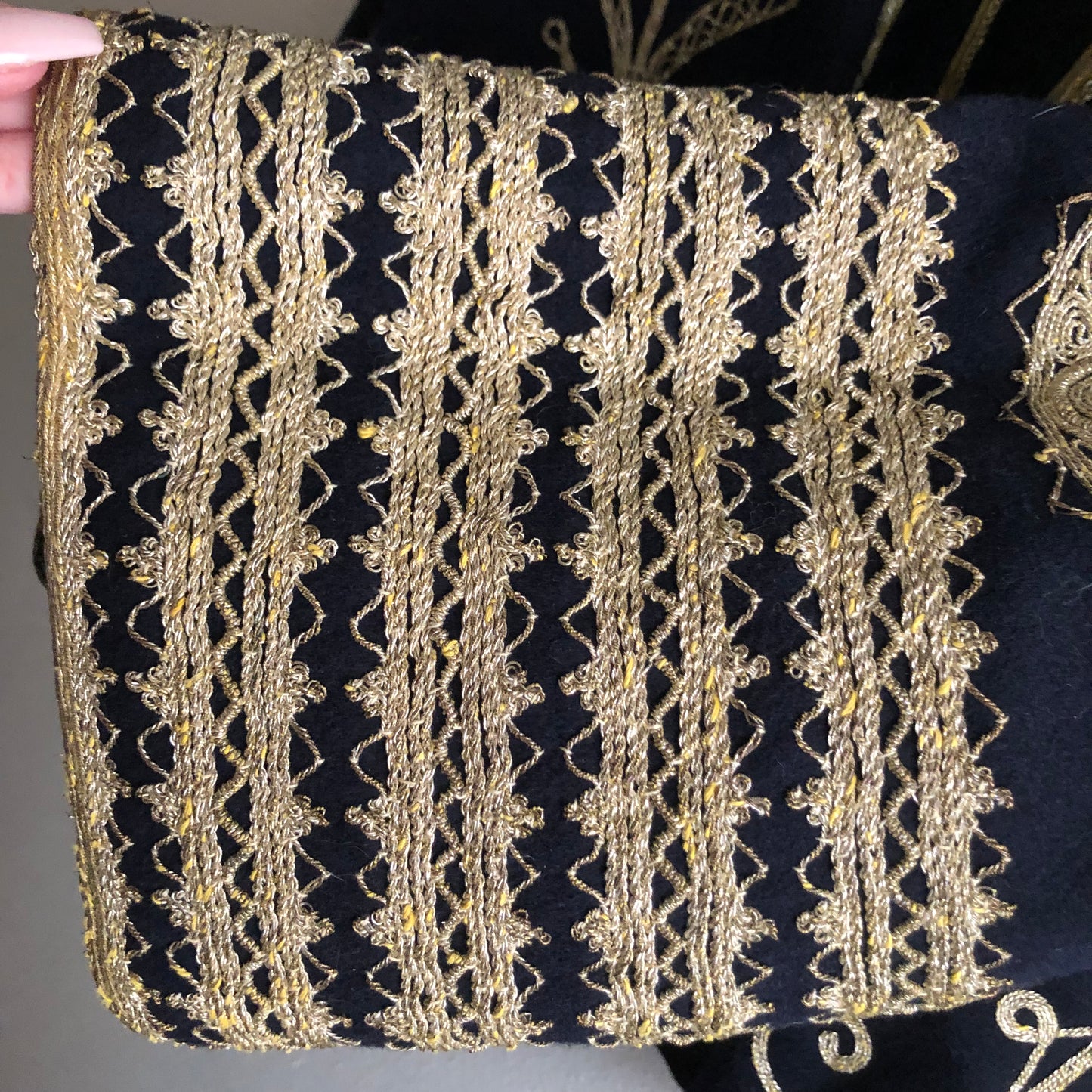 SOLD!! Gold Soutache Embroidered Navy Wool Split Sleeve Coat of Unknown Origin.