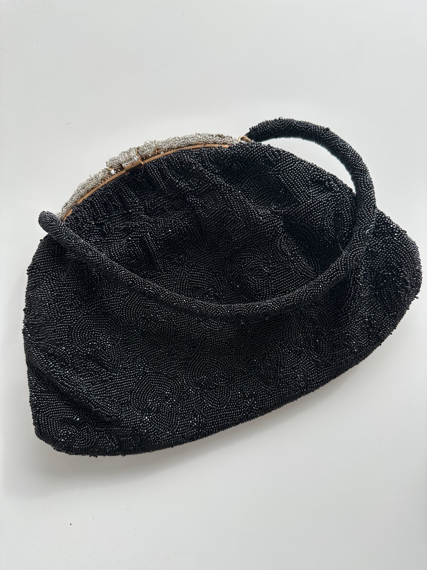 Le Gout du Jour Paris Black Beaded Handbag with Rhinestone Encrusted Enclosure.