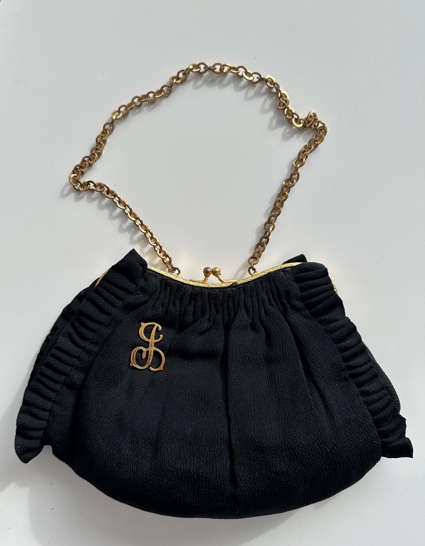 Black 1920's/30's Ruffled Gold "J" Monogram Clutch Purse.