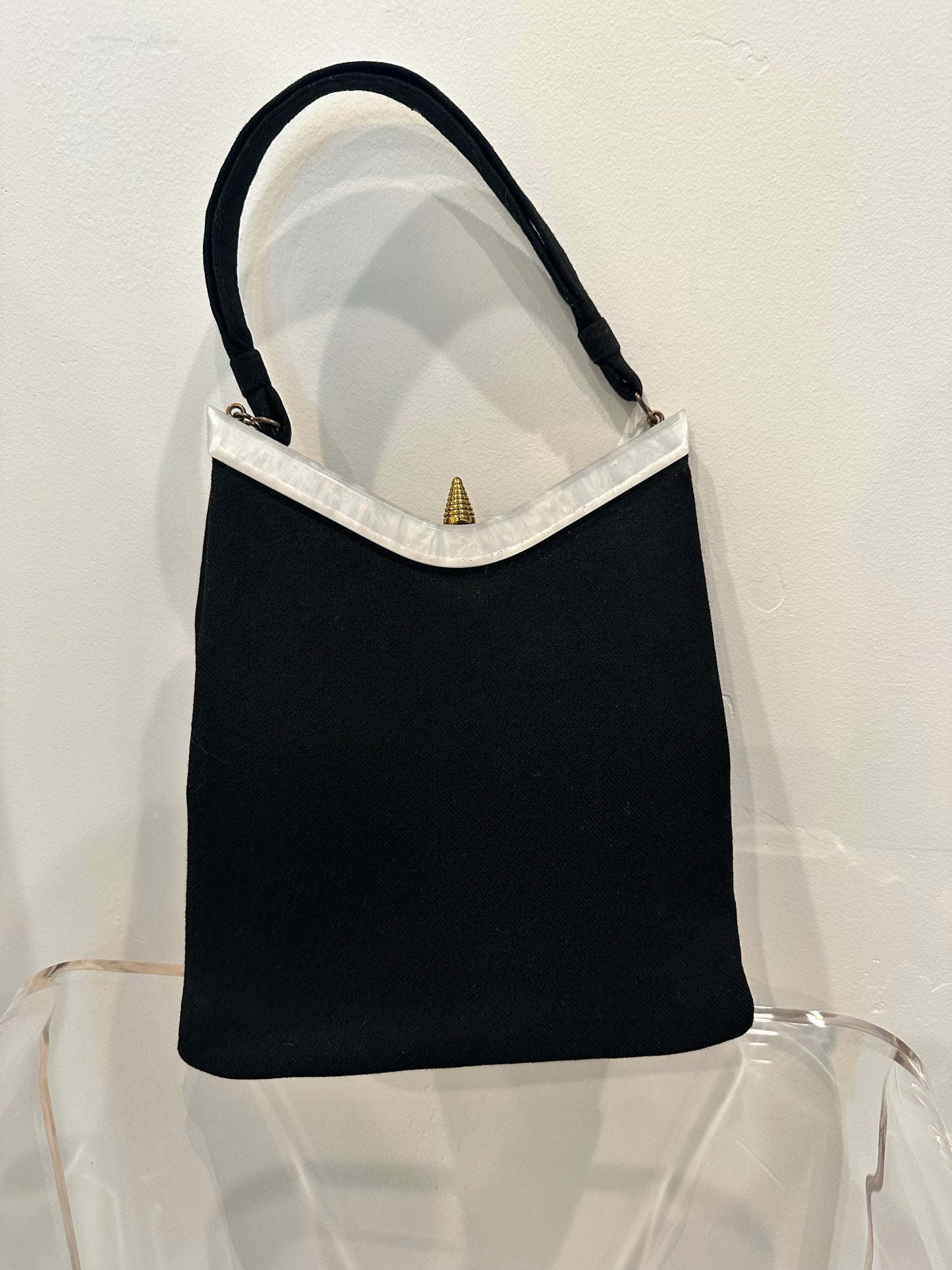 Mother of Pearl Handled Frame Style Black Wool Handbag.