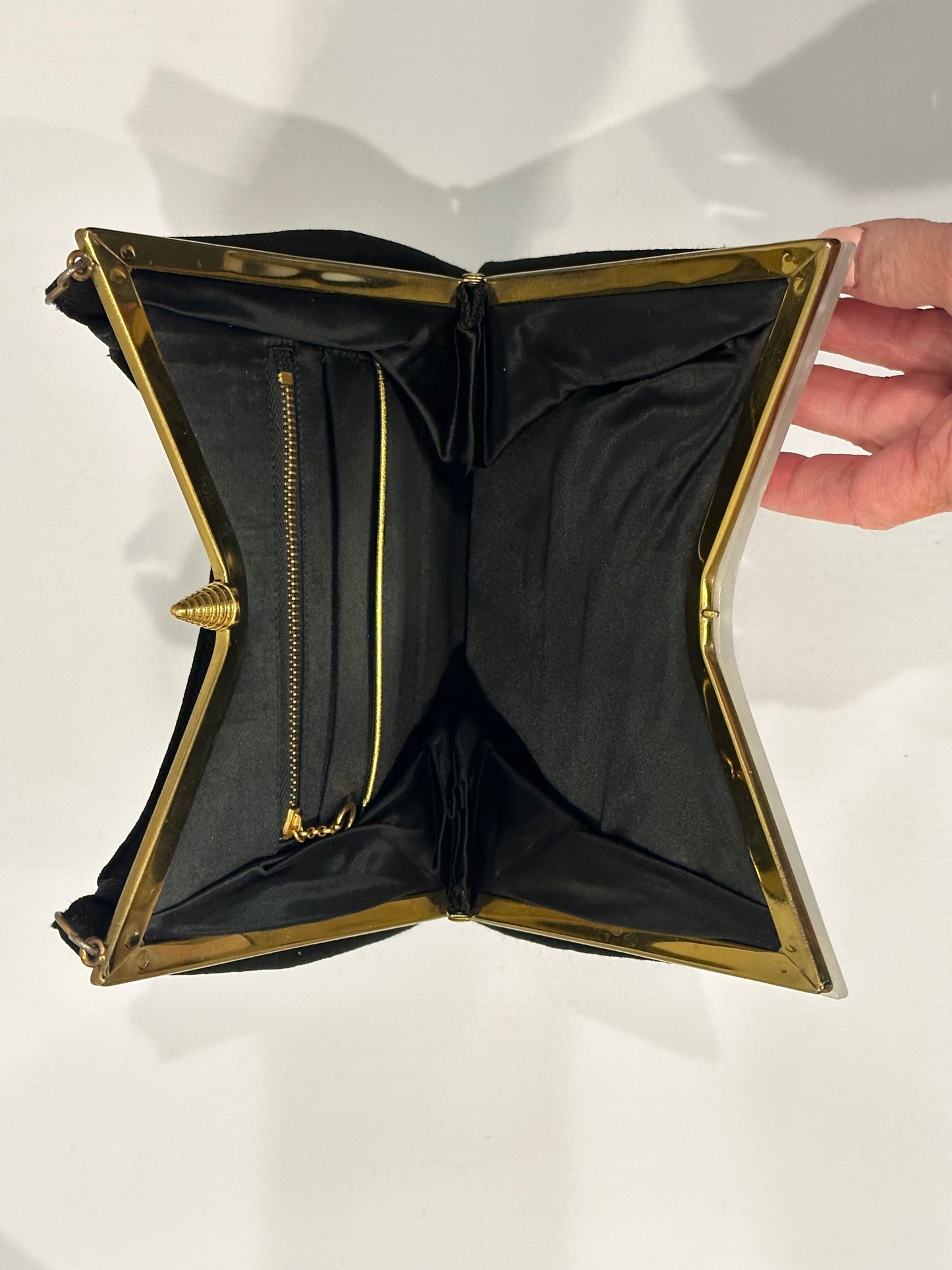 Mother of Pearl Handled Frame Style Black Wool Handbag.