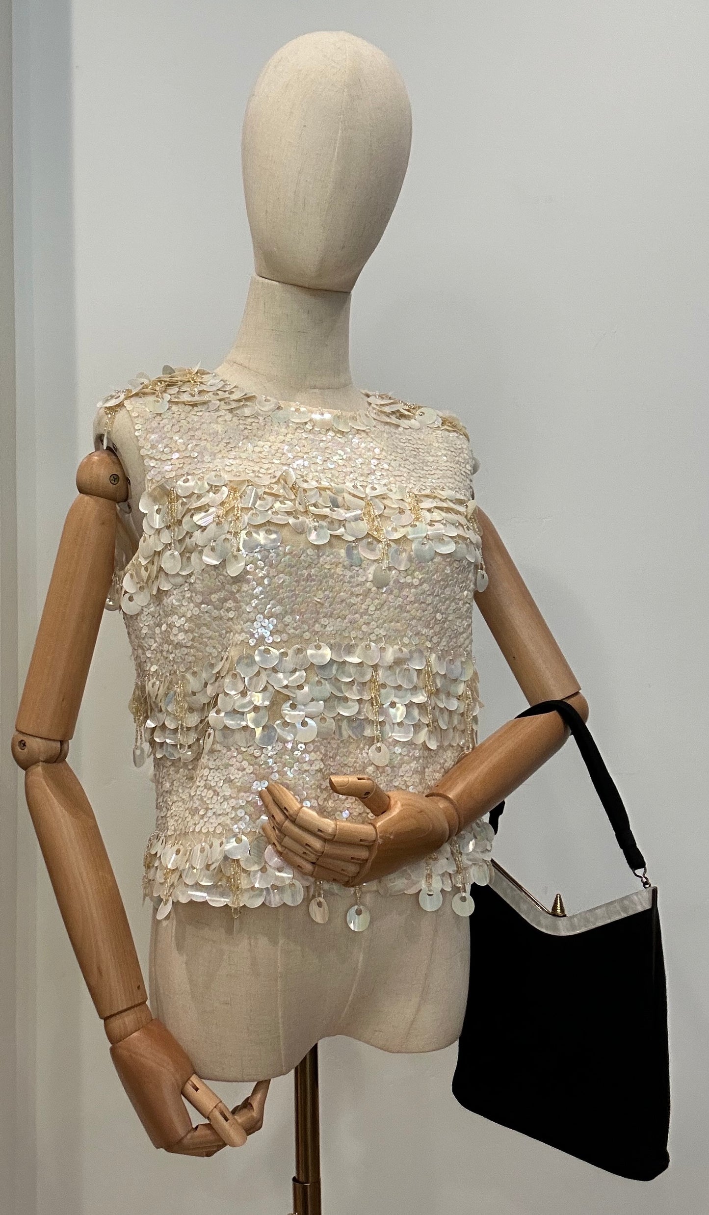 Mother of Pearl Handled Frame Style Black Wool Handbag.