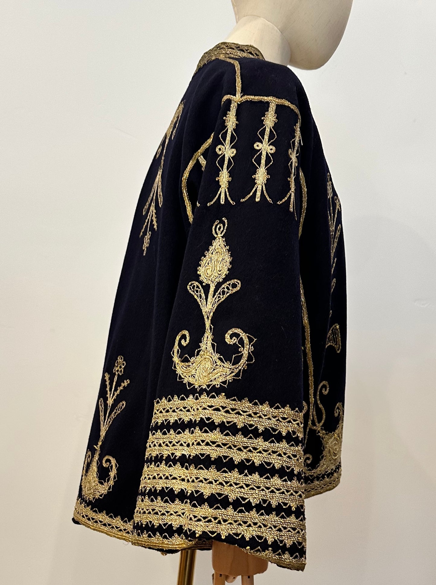 SOLD!! Gold Soutache Embroidered Navy Wool Split Sleeve Coat of Unknown Origin.