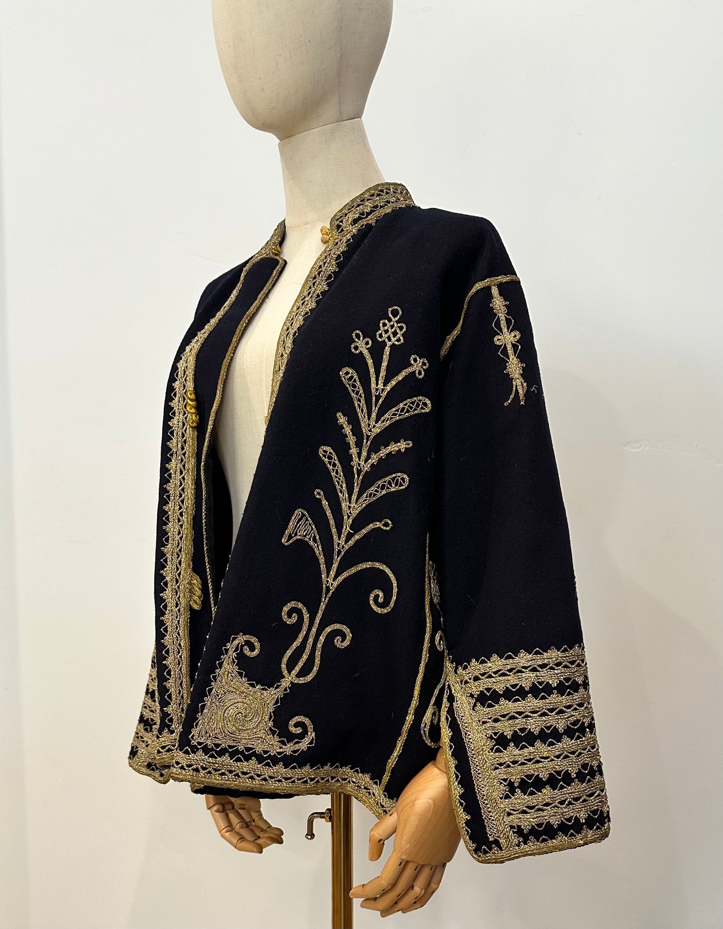 SOLD!! Gold Soutache Embroidered Navy Wool Split Sleeve Coat of Unknown Origin.