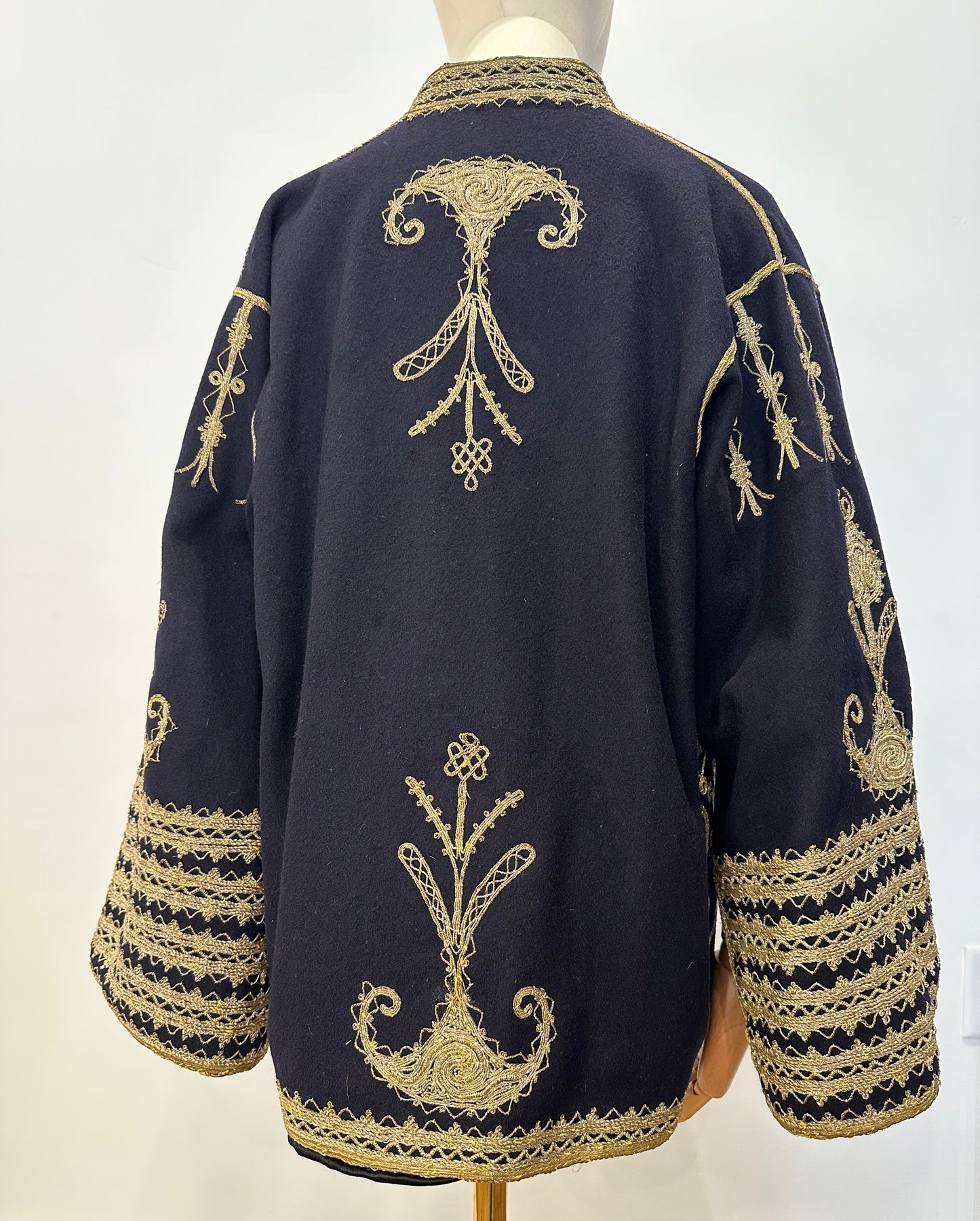 SOLD!! Gold Soutache Embroidered Navy Wool Split Sleeve Coat of Unknown Origin.