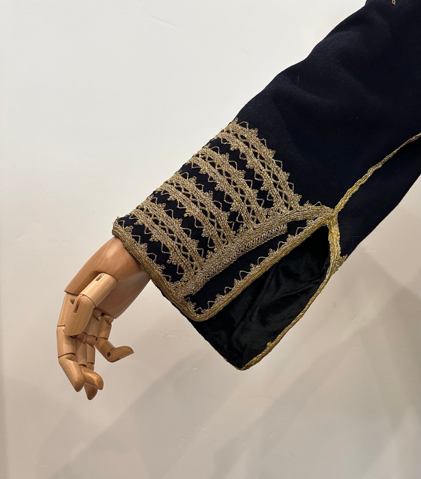 SOLD!! Gold Soutache Embroidered Navy Wool Split Sleeve Coat of Unknown Origin.
