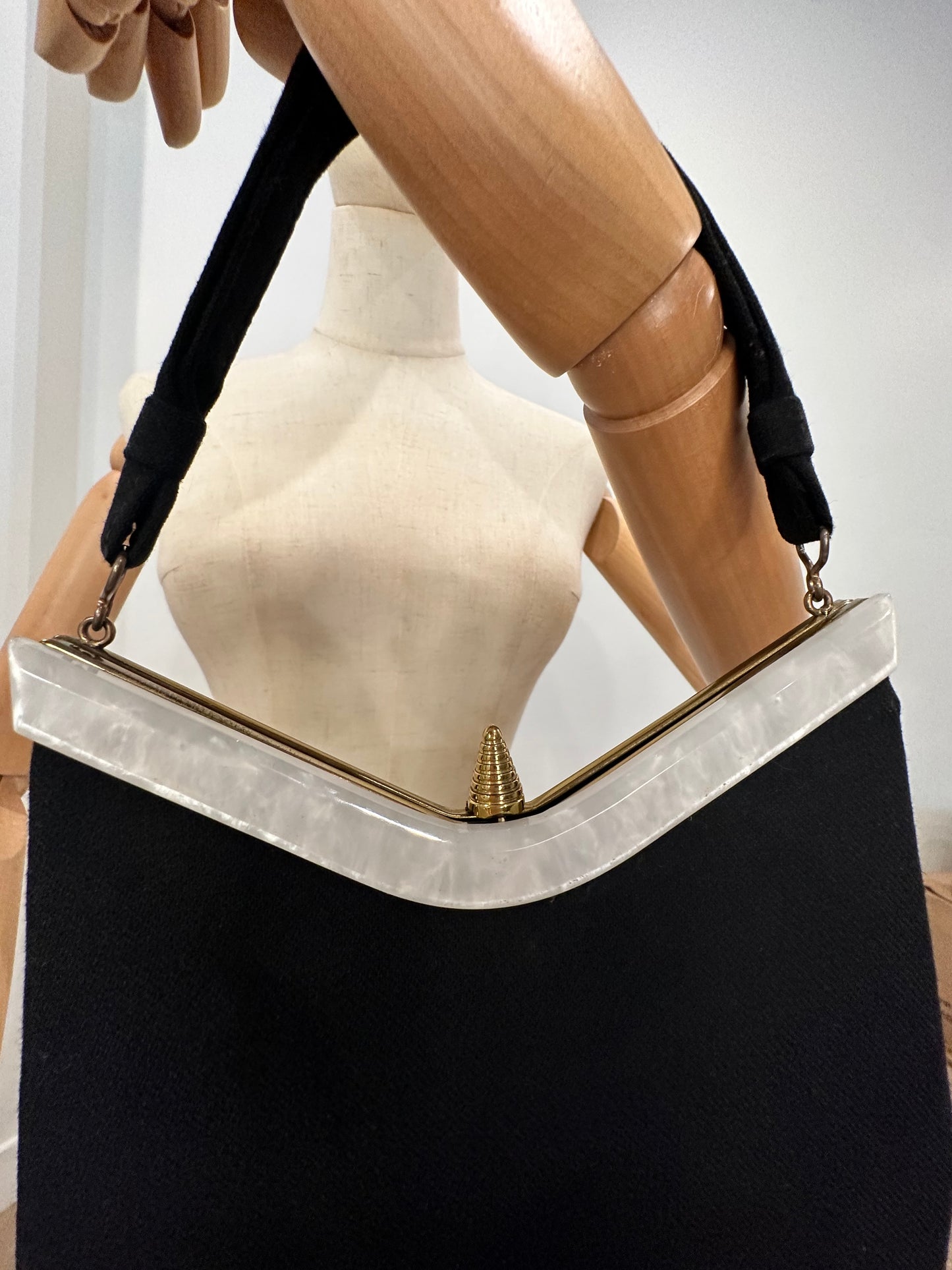 Mother of Pearl Handled Frame Style Black Wool Handbag.
