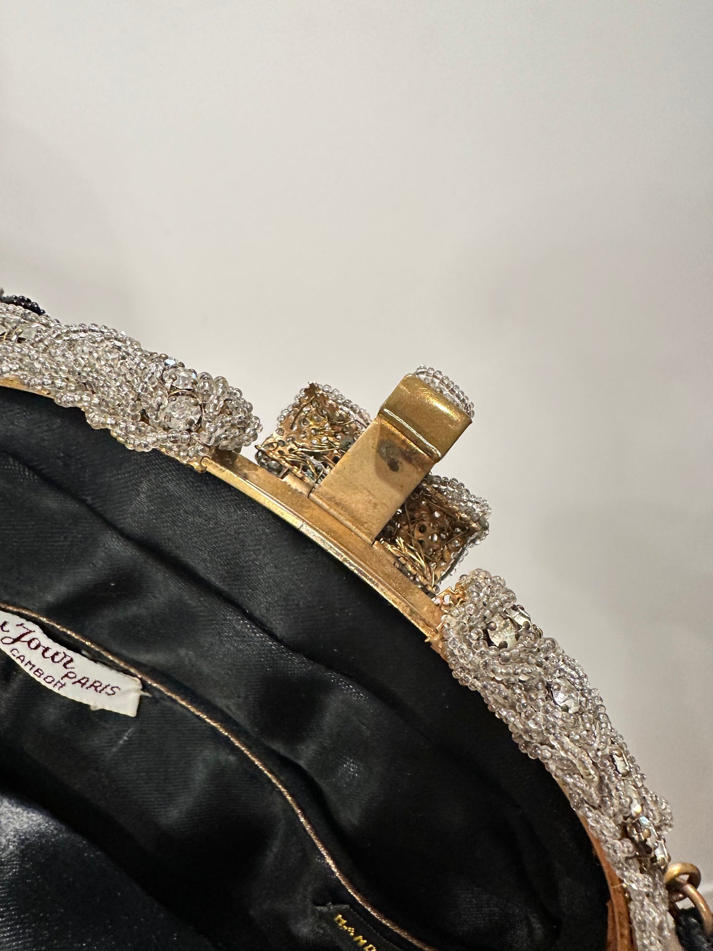 Le Gout du Jour Paris Black Beaded Handbag with Rhinestone Encrusted Enclosure.