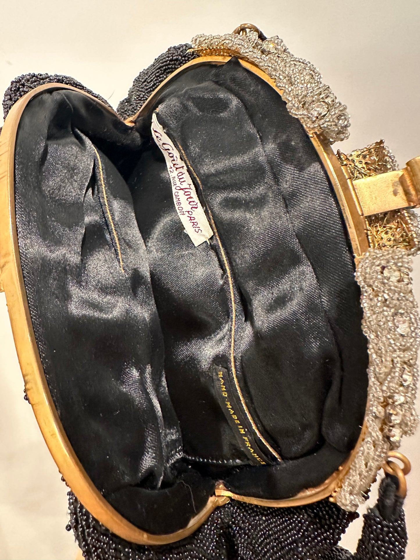 Le Gout du Jour Paris Black Beaded Handbag with Rhinestone Encrusted Enclosure.