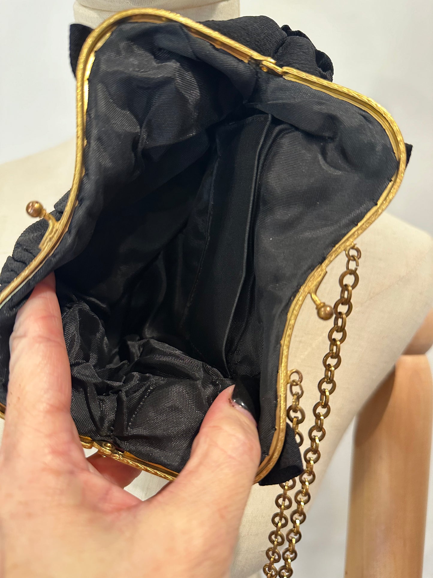 Black 1920's/30's Ruffled Gold "J" Monogram Clutch Purse.