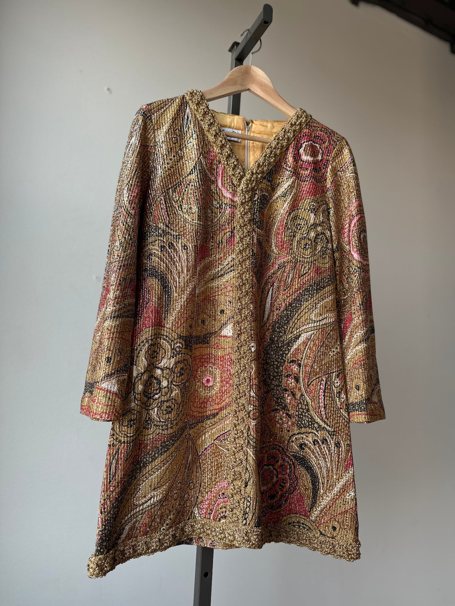 Designer Nelly de Grab Gold Metallic Paisley Tunic Top Pantsuit with Gold Braid Trim.