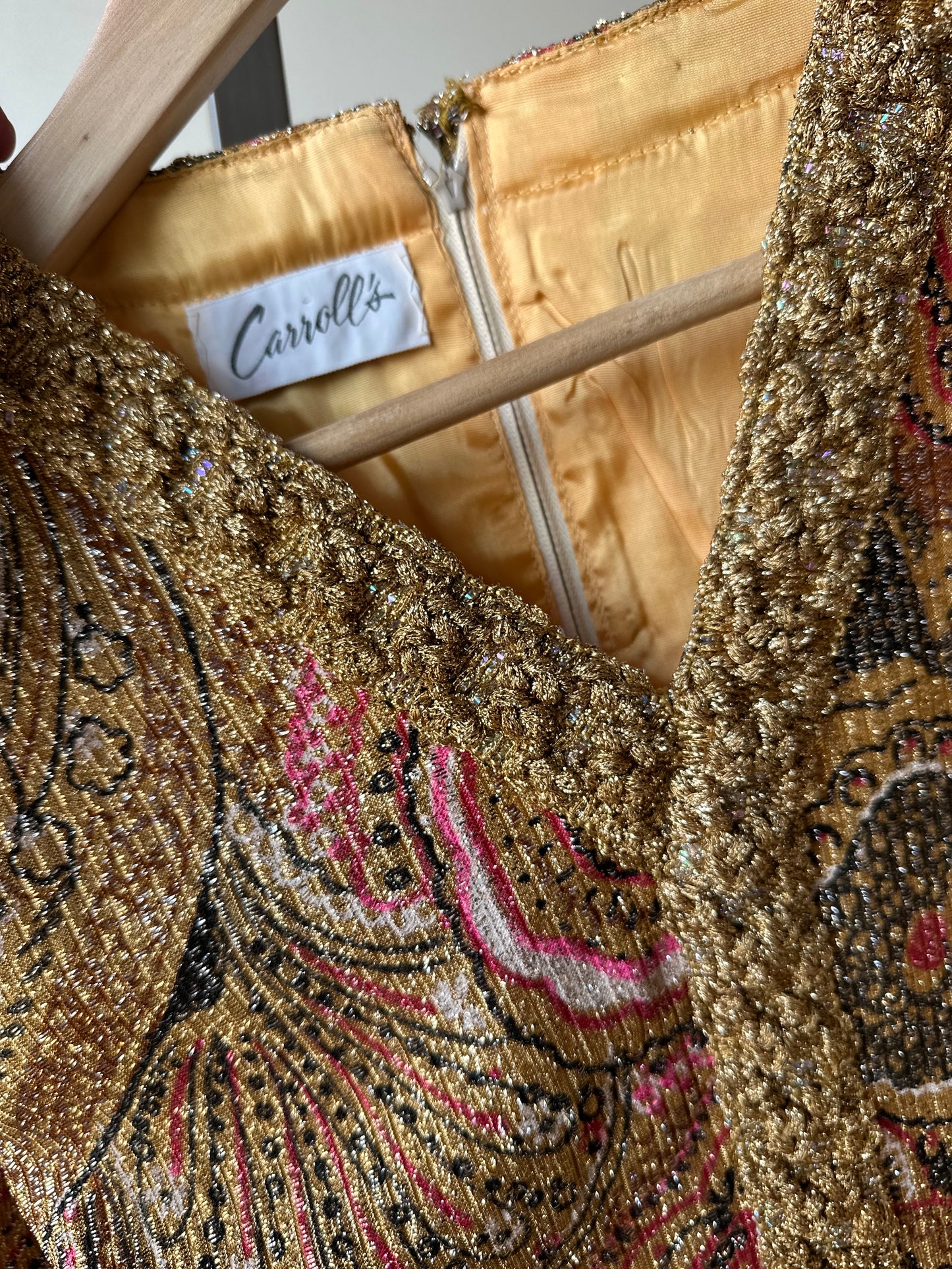 Designer Nelly de Grab Gold Metallic Paisley Tunic Top Pantsuit with Gold Braid Trim.