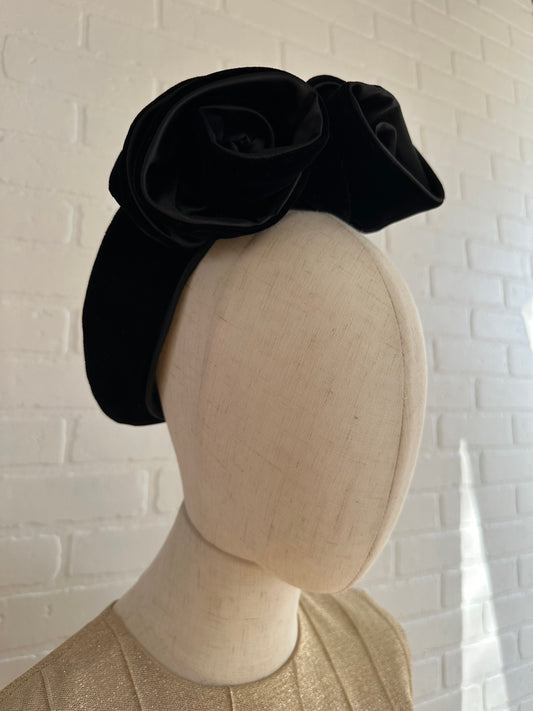 1940's Black Velvet Headband with Two Roses.