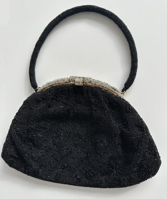 Le Gout du Jour Paris Black Beaded Handbag with Rhinestone Encrusted Enclosure.