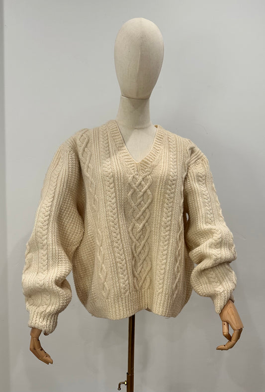 Irish Wool Aran Fisherman's V-neck Sweater.