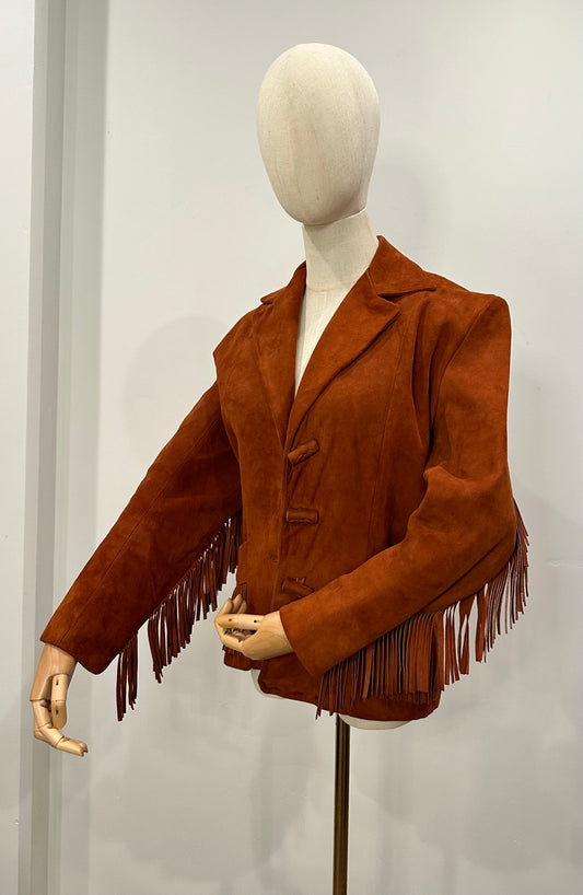 Baugh's "Tejas" HANDMADE Suede Fringe Jacket with Leather Rolled Toggle Buttons.